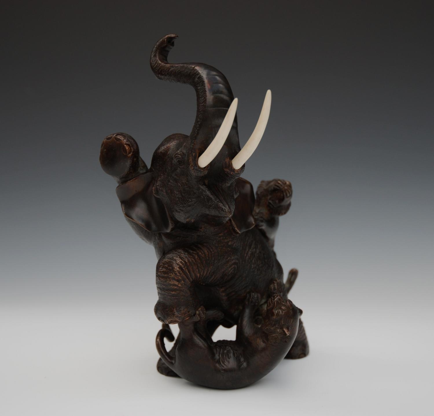 19thc Japanese bronze elephant & tigers