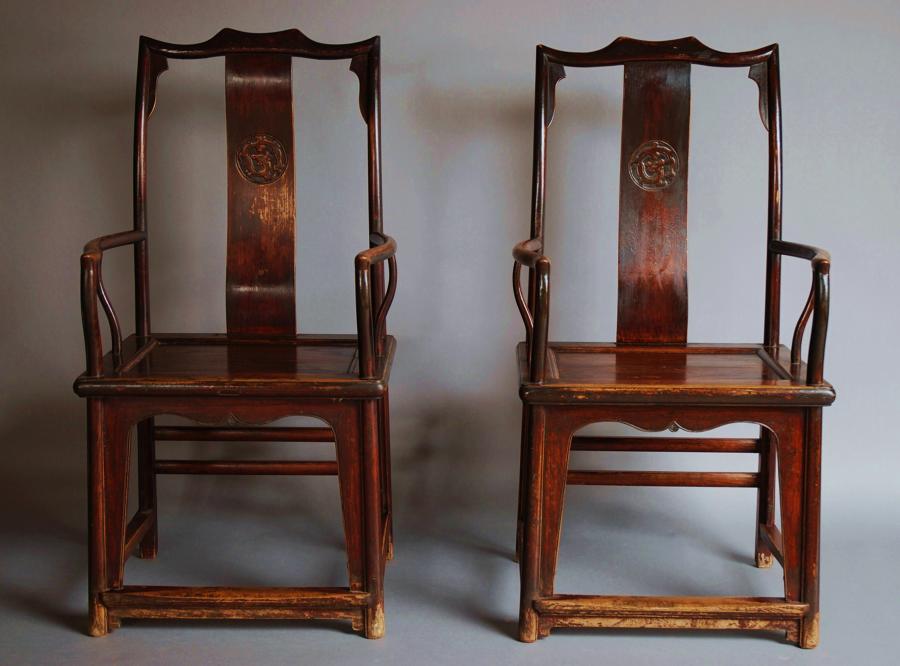Pair of Chinese yoke back armchairs