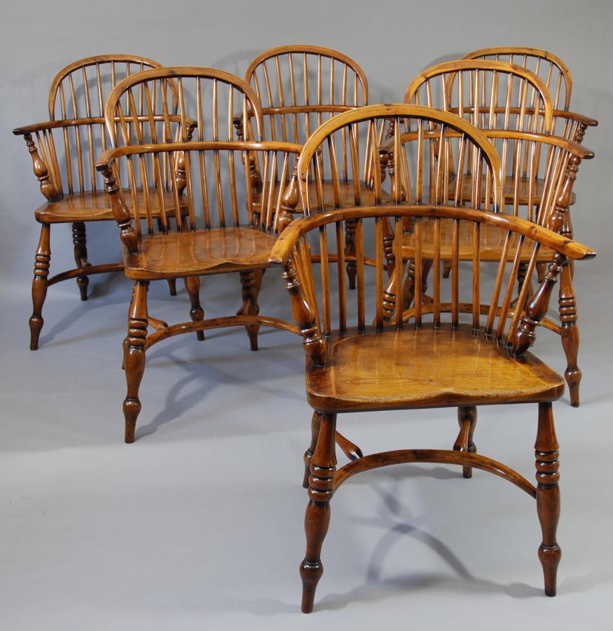 Set of six yew wood low-back windsor chairs