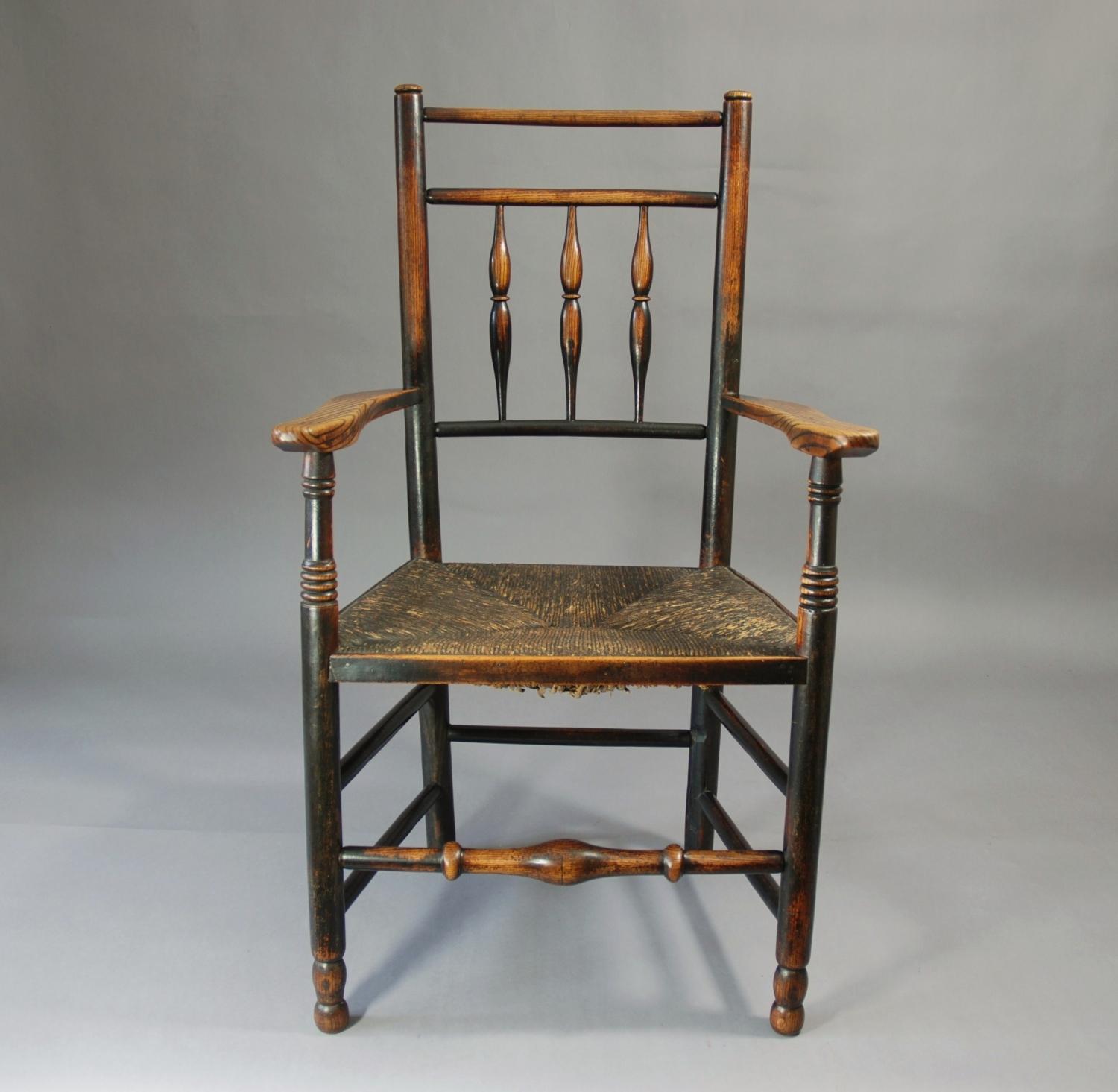 19thc ash spindle back chair with rush seat