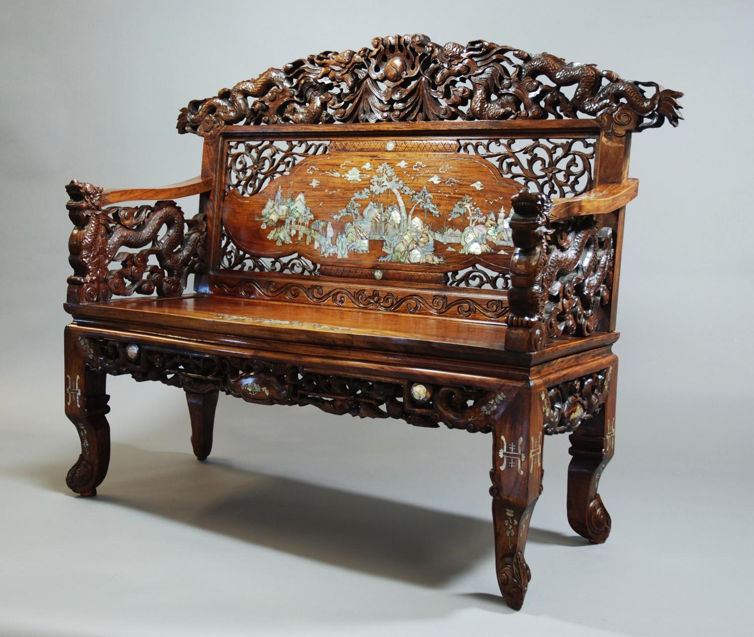 Carved Chinese & inlaid hardwood low bench 