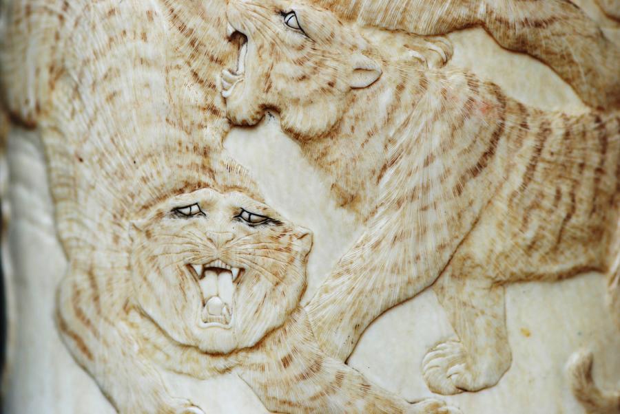 Meiji period carved ivory brush pot 