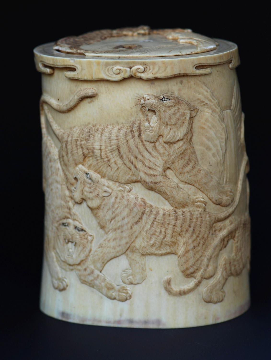 Meiji period carved ivory brush pot 