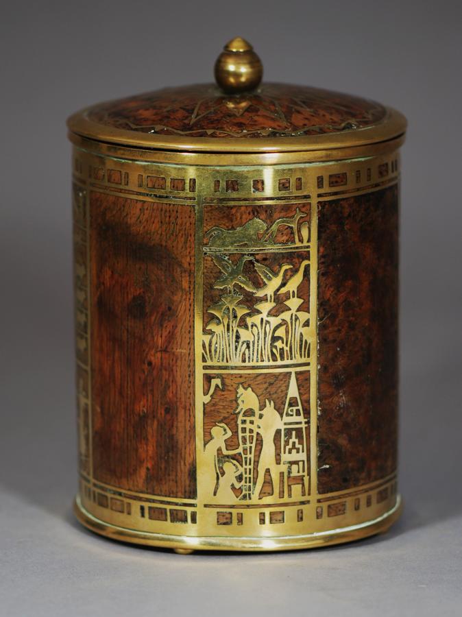 Egyptian style brass & burr oak canister