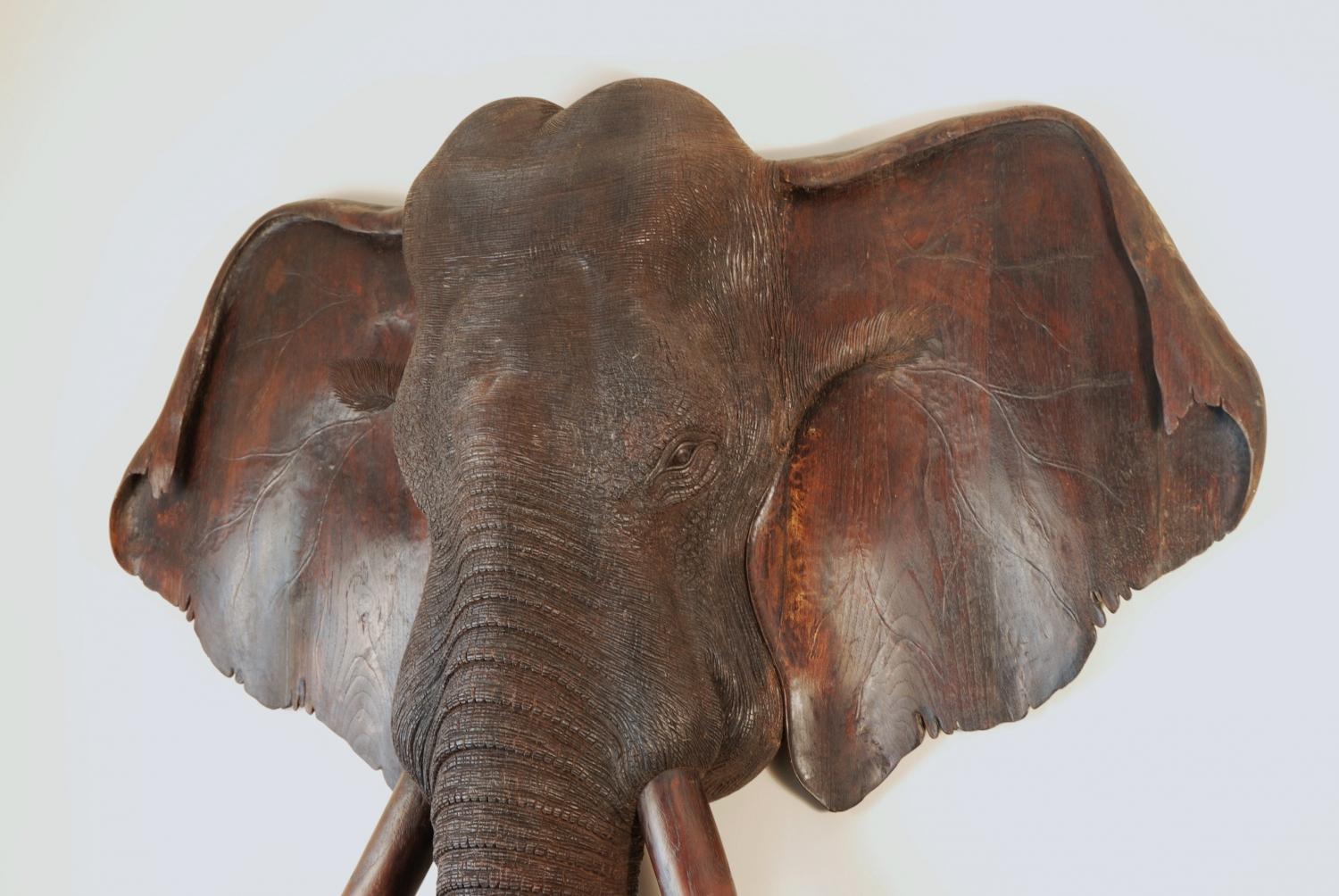 Large 19thc carved wooden elephant head