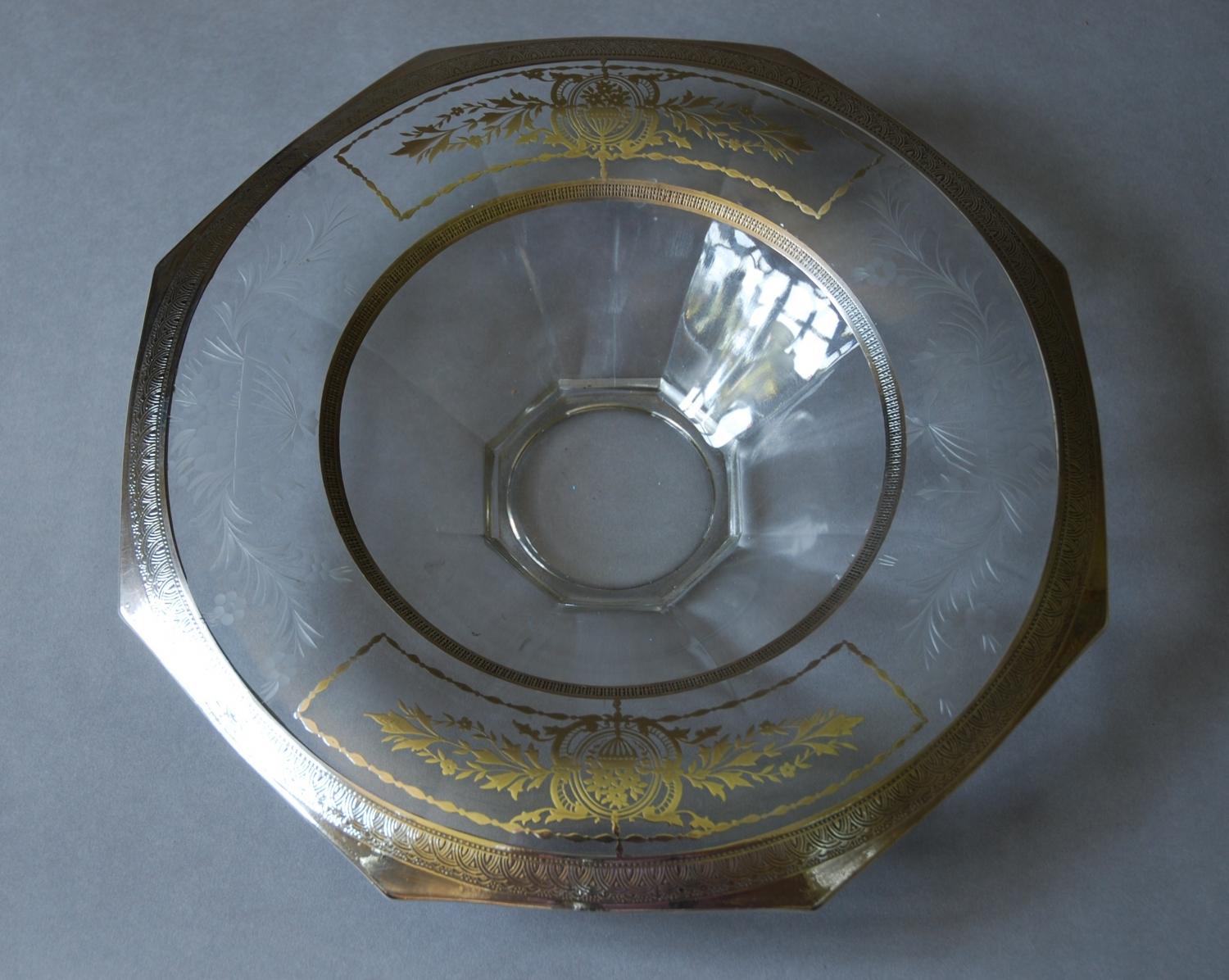 Early 20th etched glass & silvered bowl