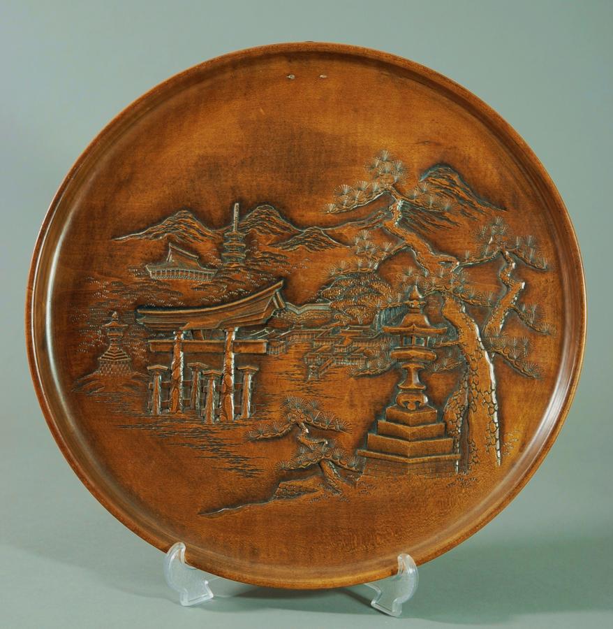 Finely carved wooden Japanese plate