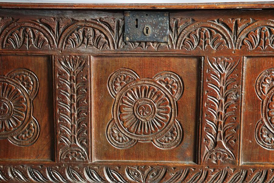 Late 17th century carved oak coffer