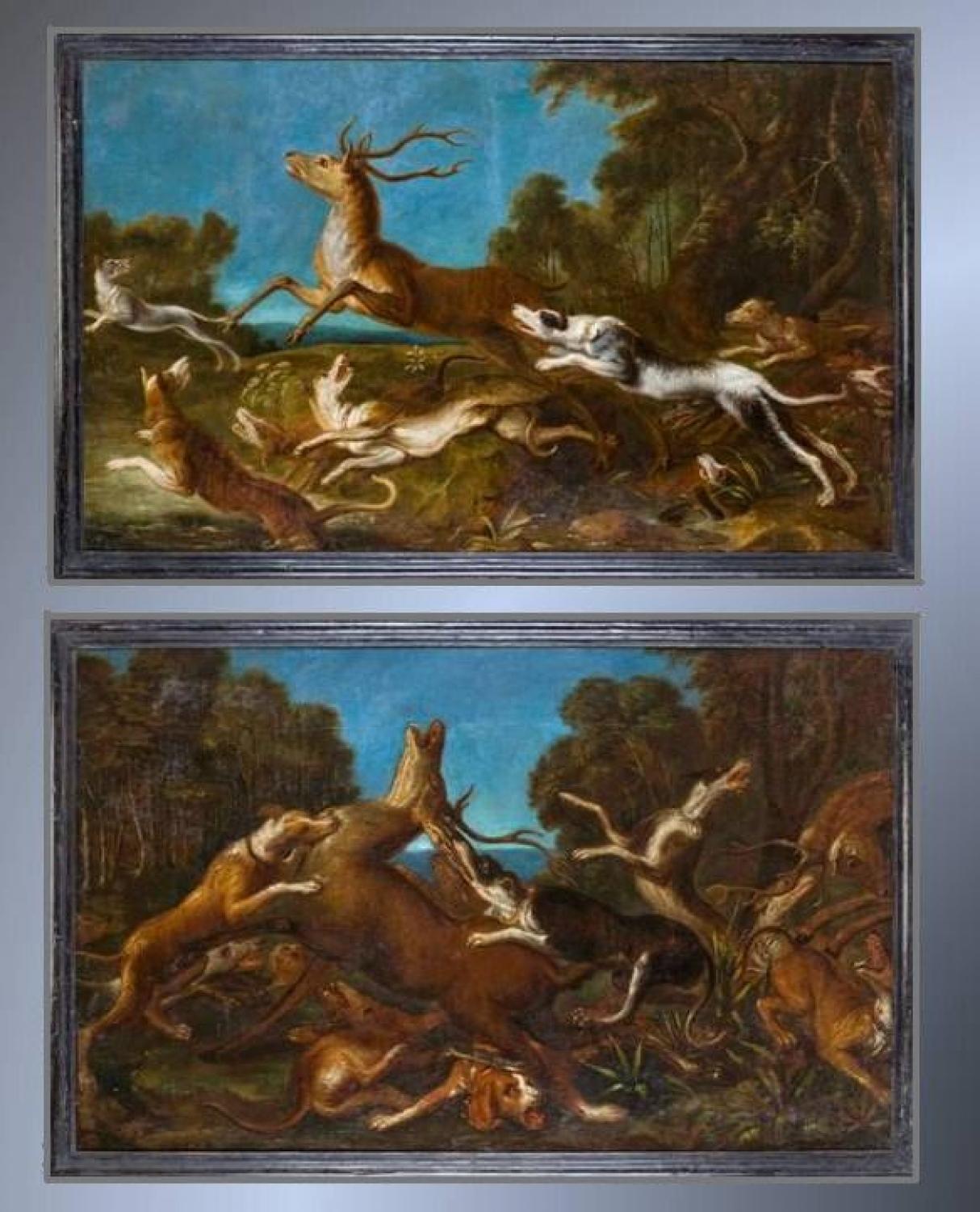 Large Pair of 'Stag Hunt' oil paintings