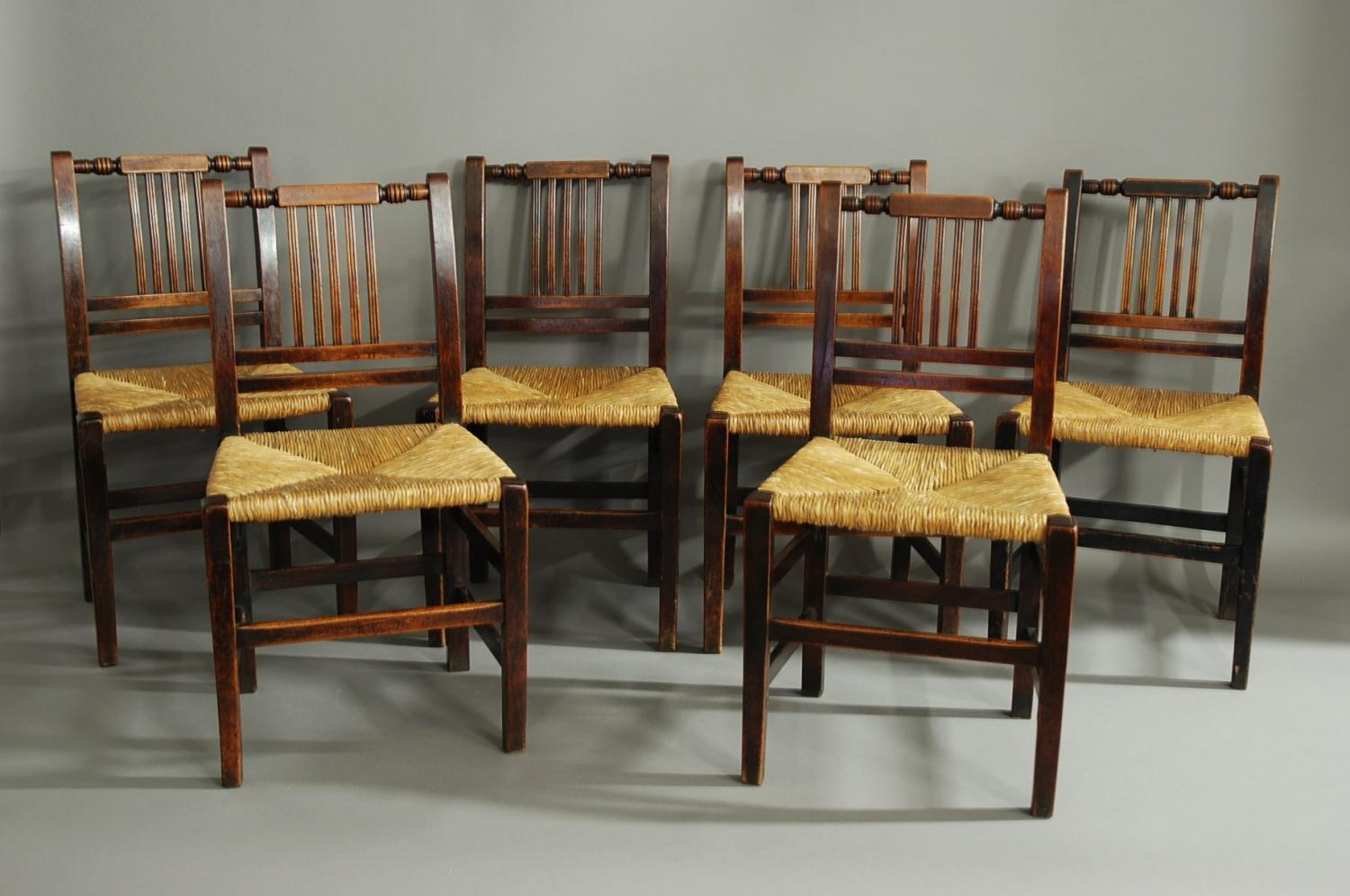 19th century set of six birch & rush chairs