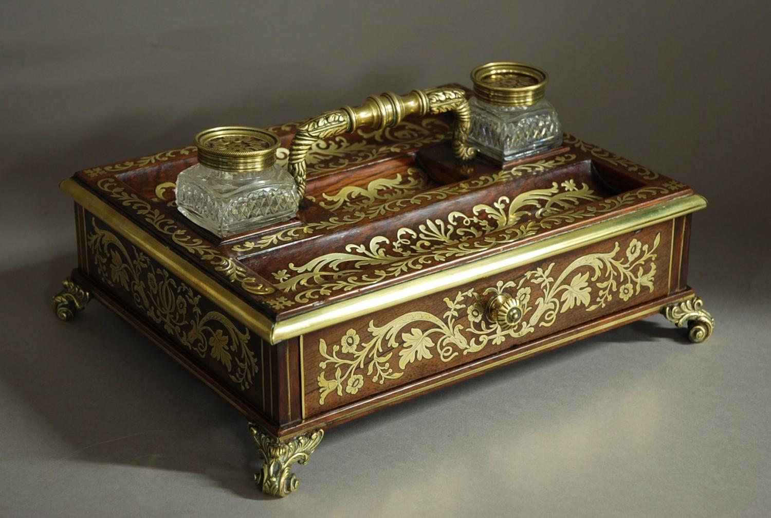 Regency rosewood and inlaid brass desk stand