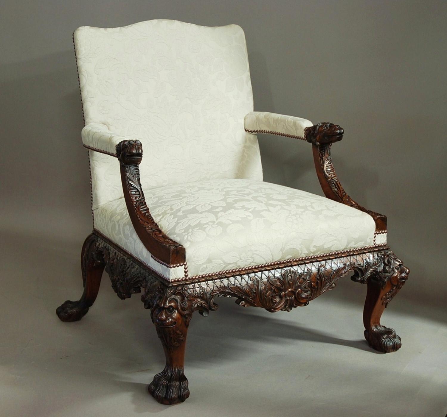Superb quality Georgian style carved open armchair