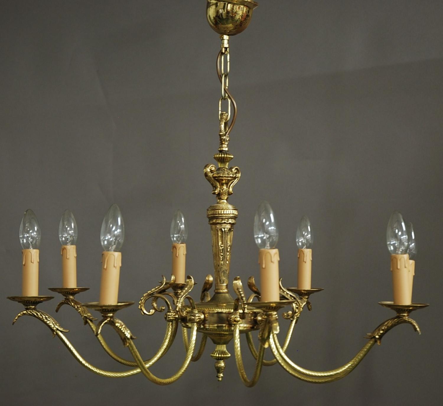 Edwardian eight branch brass chandelier