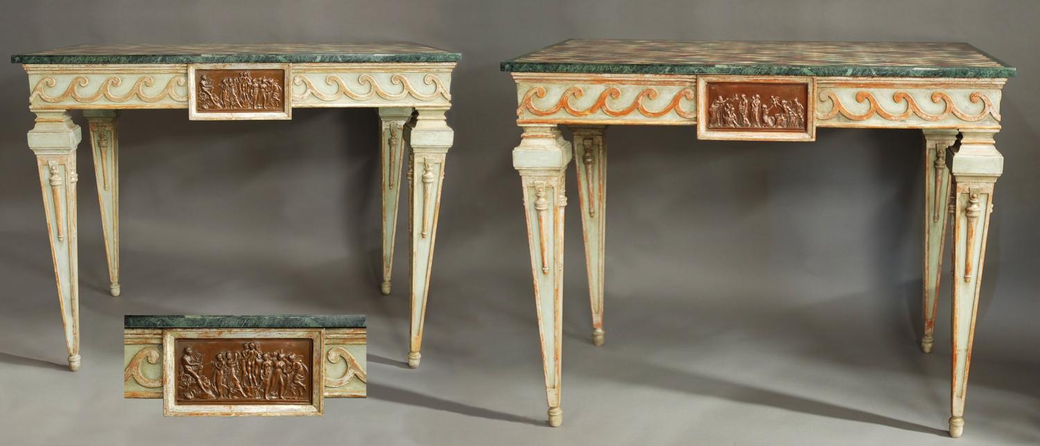 Pair of highly decorative Italian console tables with marble tops