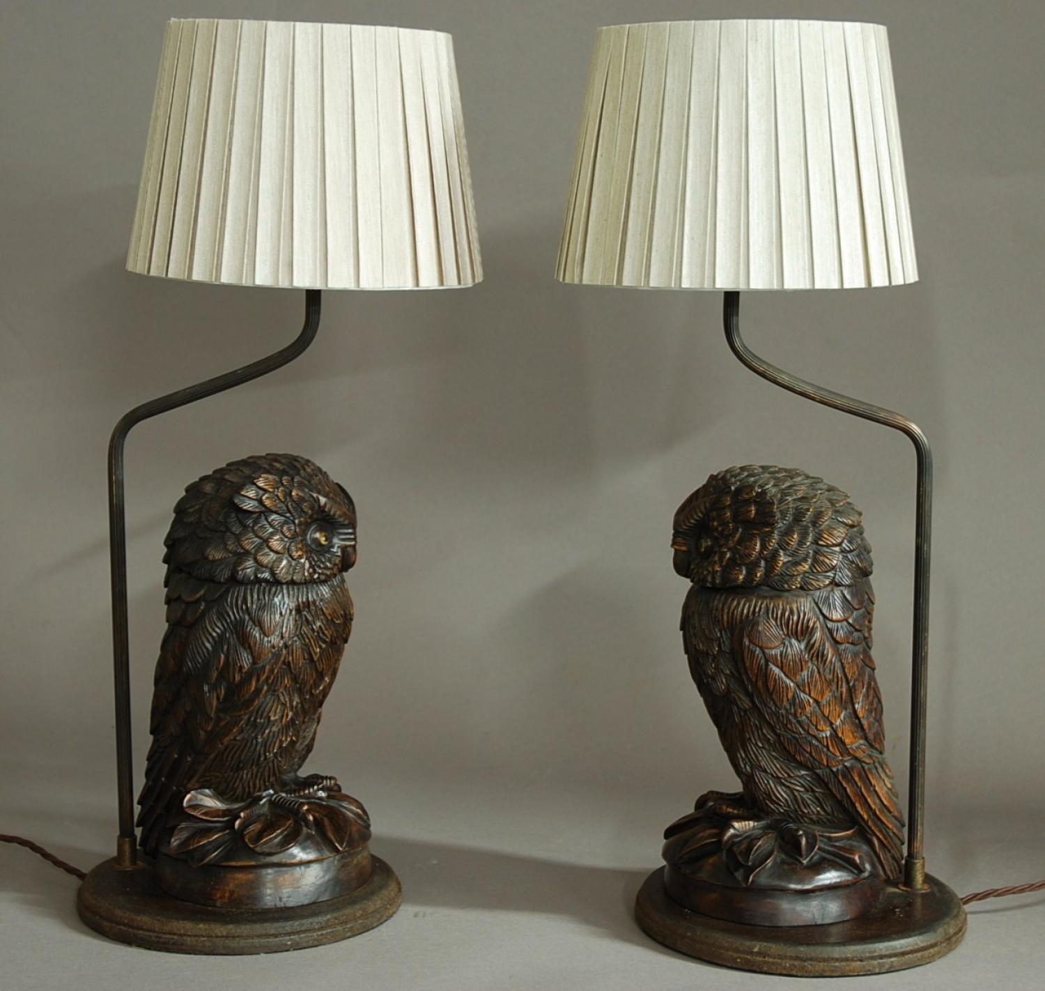 Superb pair of carved Black Forest owl lamps
