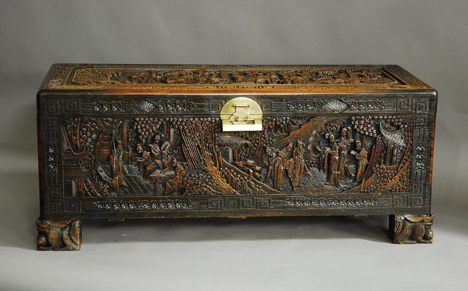 Large superbly carved Chinese camphor chest