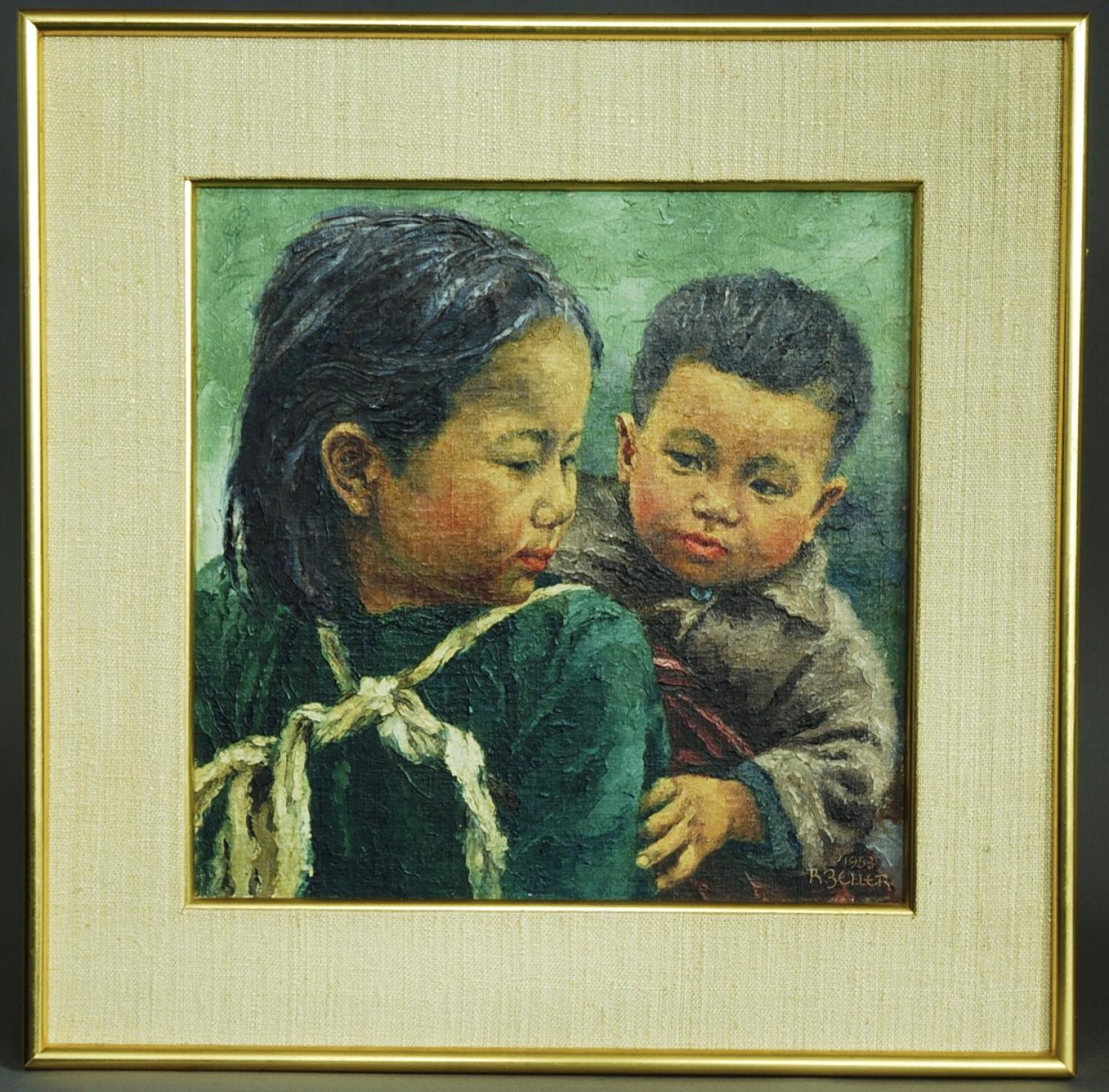 Oil painting of two Chinese children
