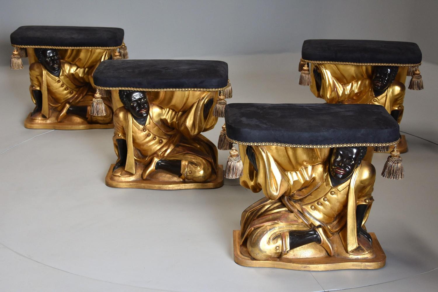 Extremely rare set of four Venetian carved giltwood stools