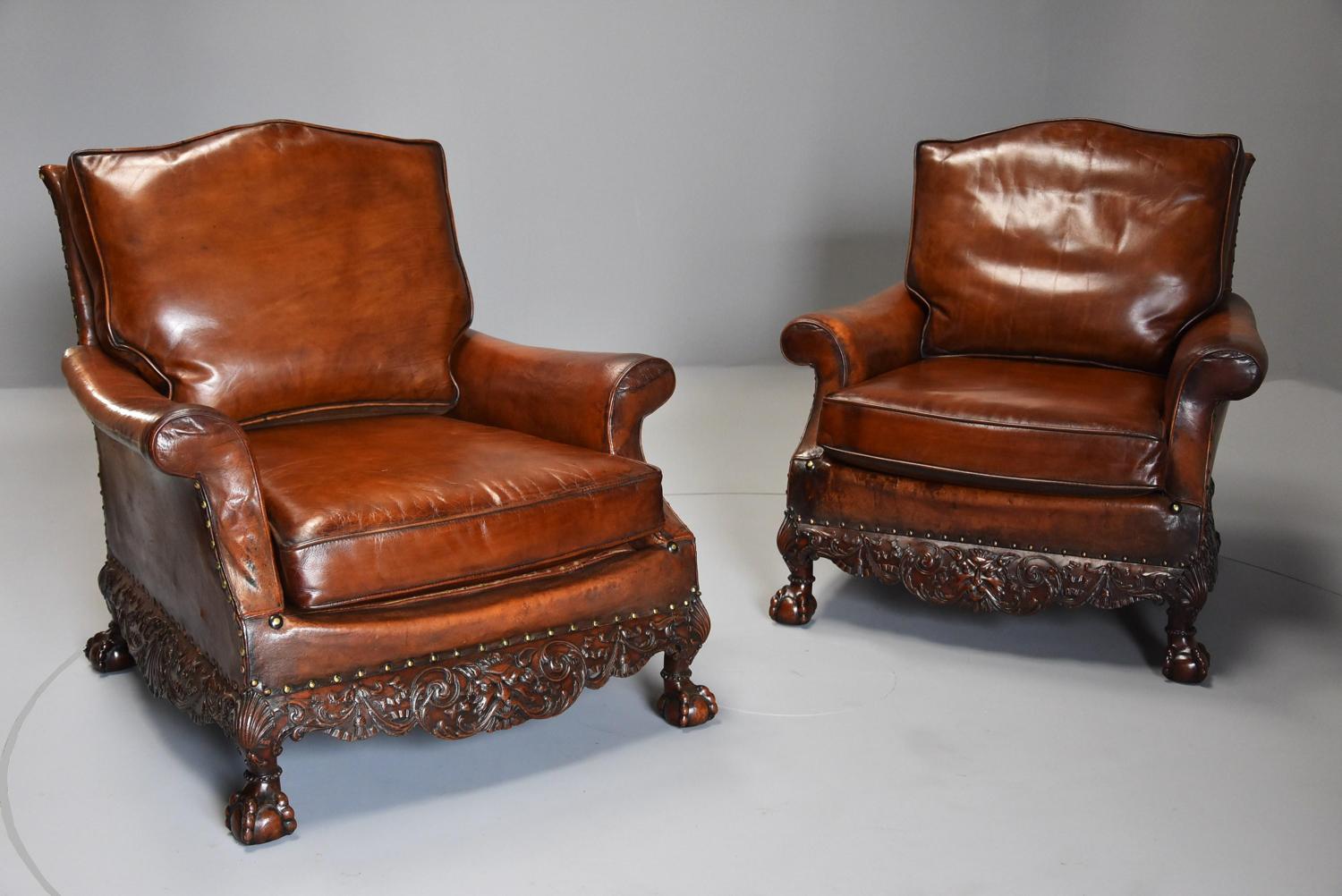 Superb pair of mahogany framed leather armchairs