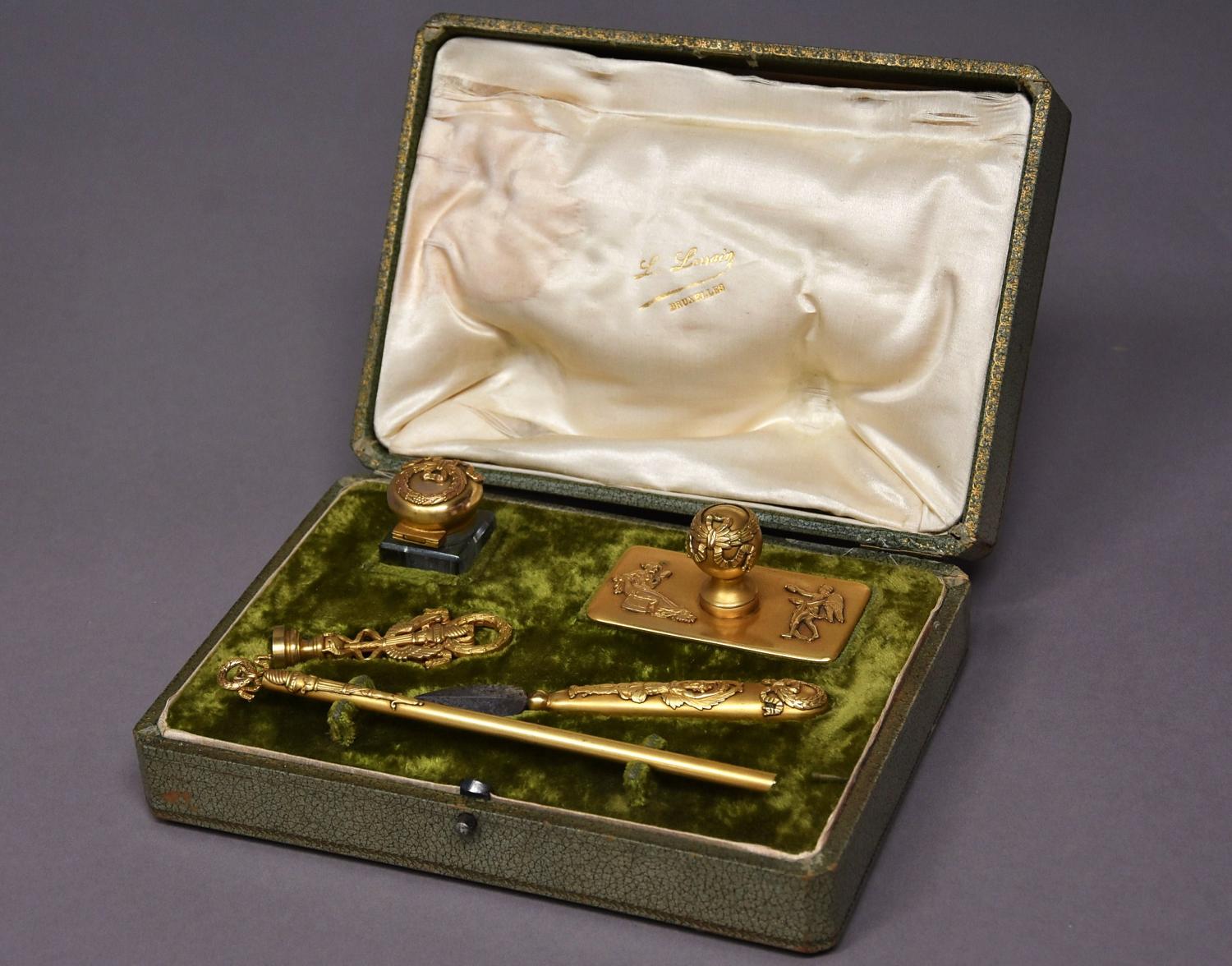 Superb quality five piece gilt metal writing set in the Empire style