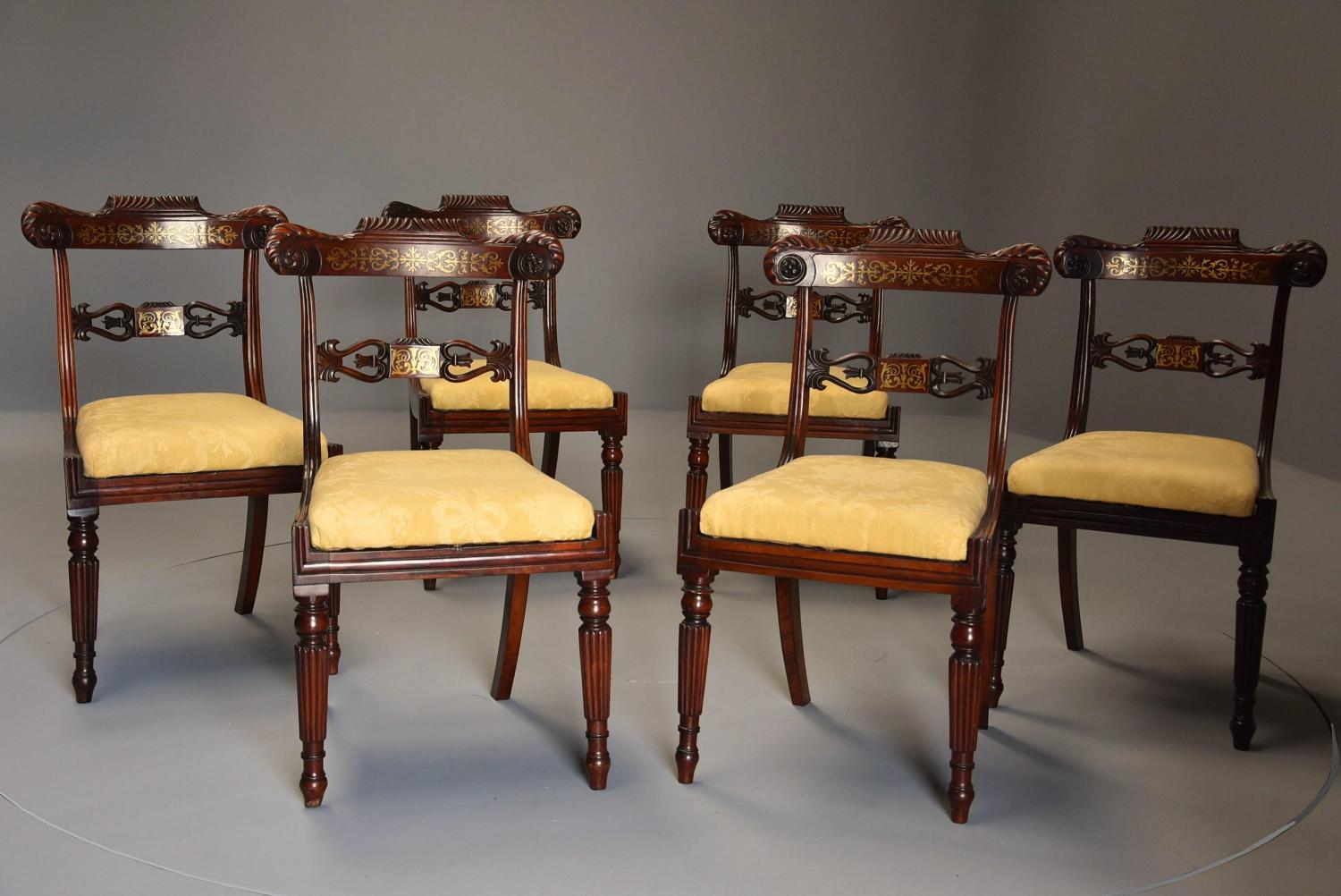 Fine quality set of six Regency rosewood brass inlaid dining chairs