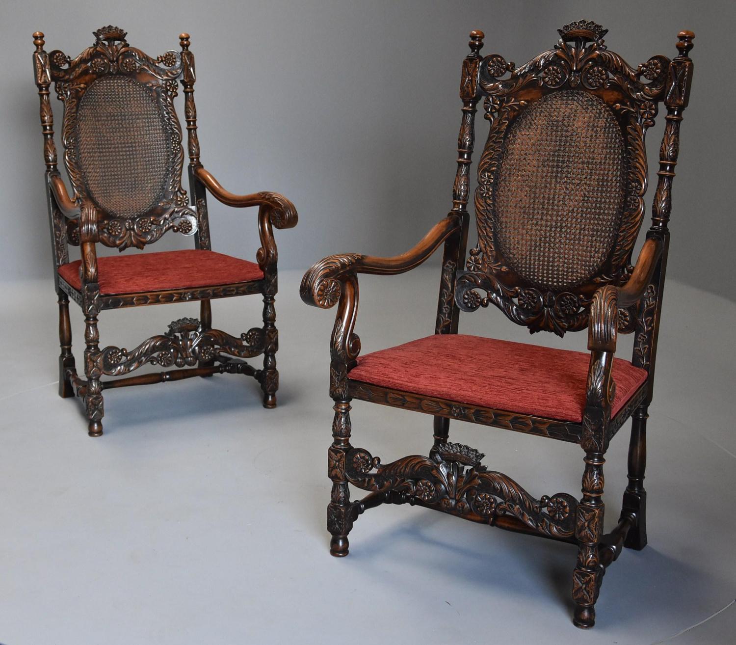 Superbly carved pair of Charles II style walnut armchairs