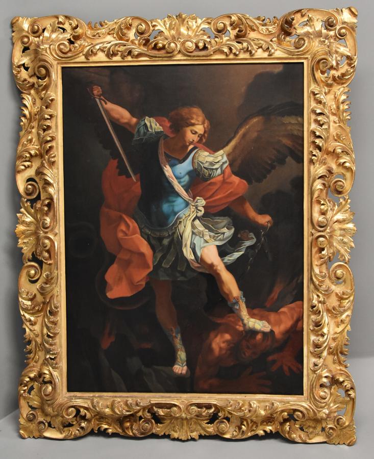 Large 19thc oil painting 'Michael defeating Satan' After Guido Reni