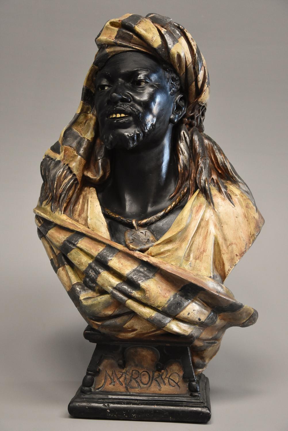 Highly decorative late 19thc life size Austrian bust of a Nubian man