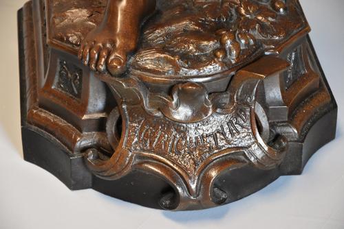 19thc large bronzed spelter figure of a farm labourer, signed Milliot