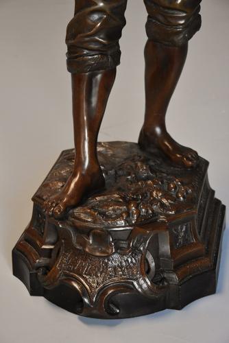 19thc large bronzed spelter figure of a farm labourer, signed Milliot