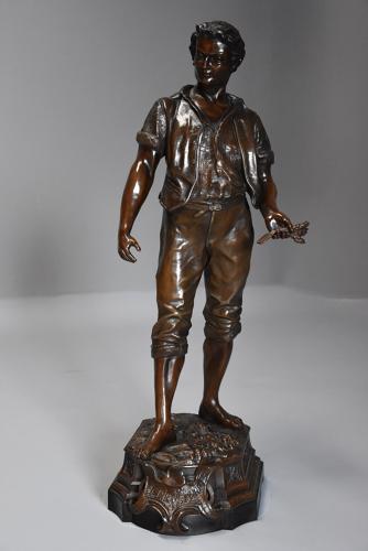 19thc large bronzed spelter figure of a farm labourer, signed Milliot