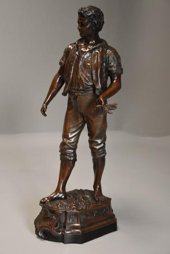 19thc large bronzed spelter figure of a farm labourer, signed Milliot