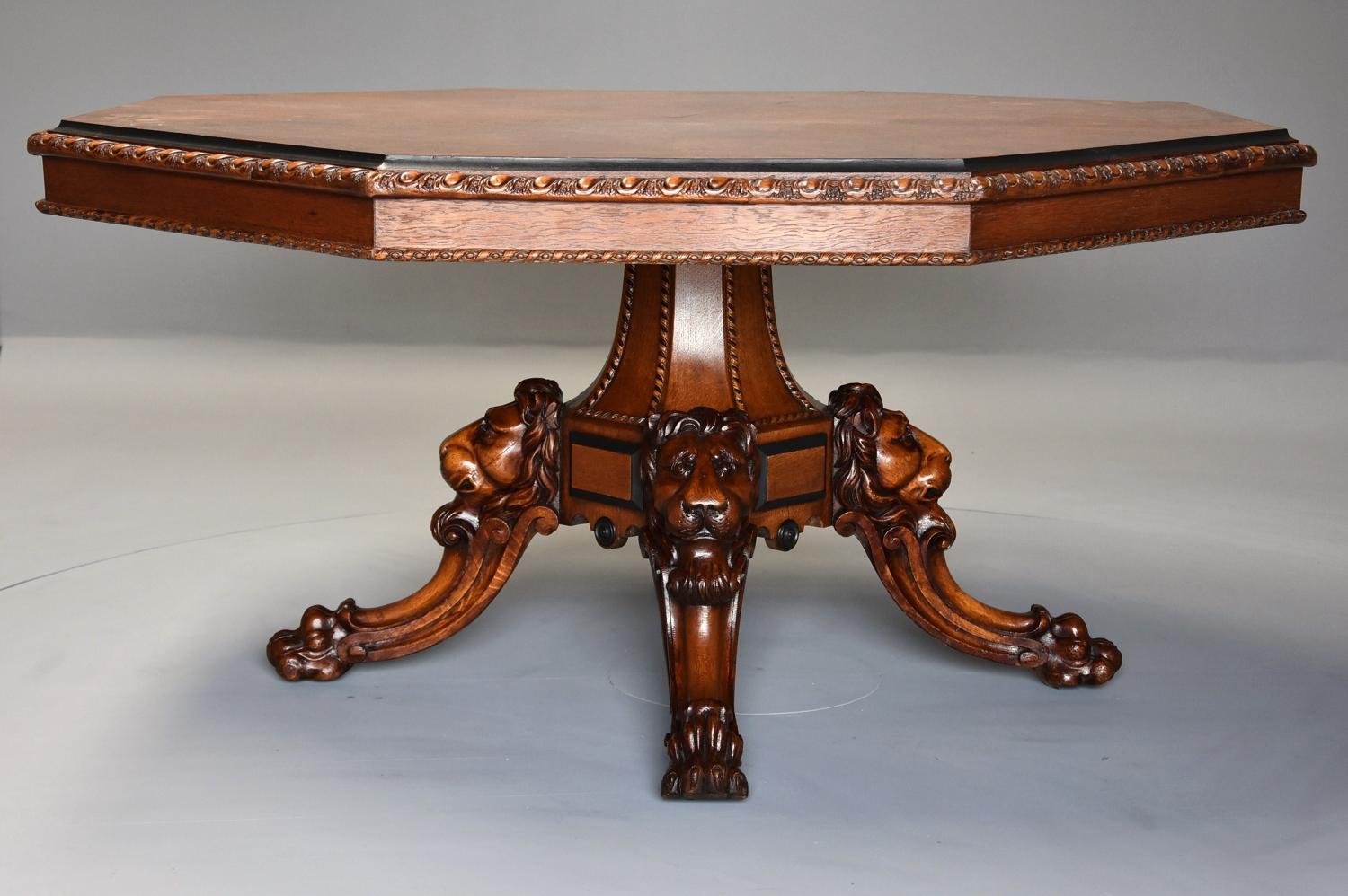 Superb mid 19thc Irish pollard oak octagonal tilt top centre table