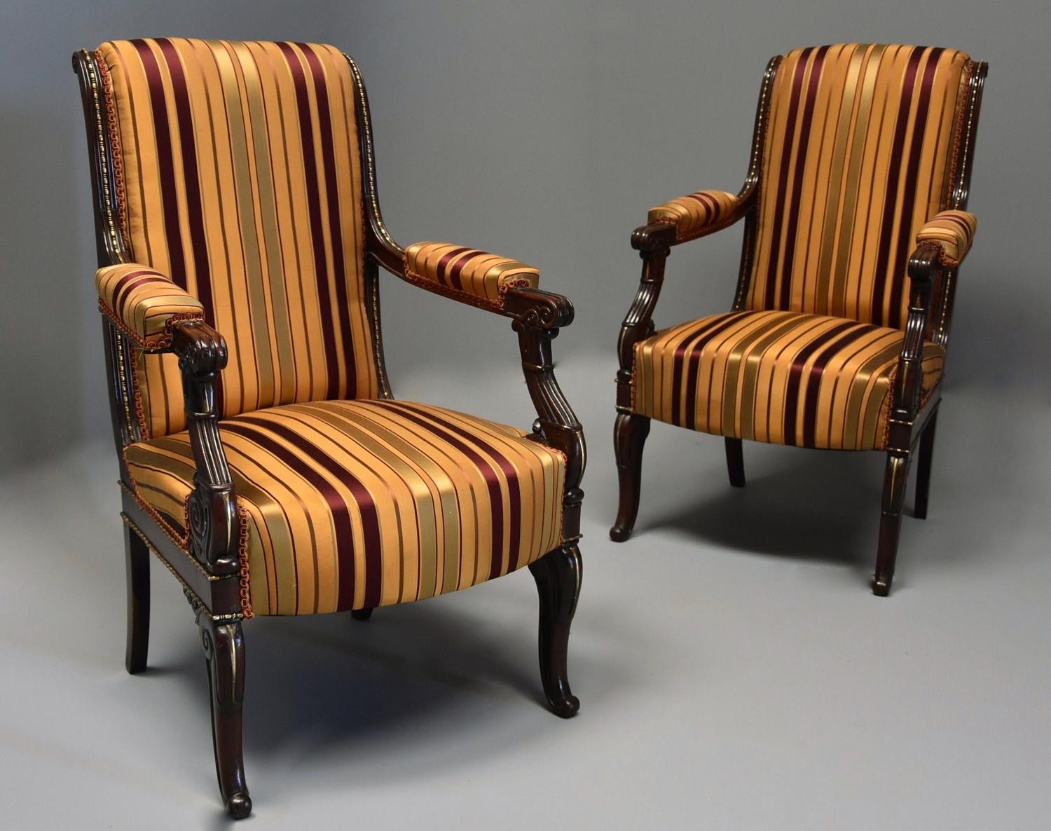 Pair of fine quality 19thc French Empire style rosewood open armchairs