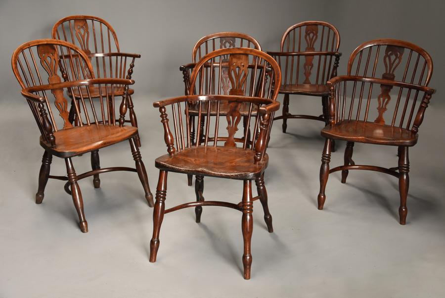 Mid 19thc well matched set of six yew wood low back Windsor armchairs