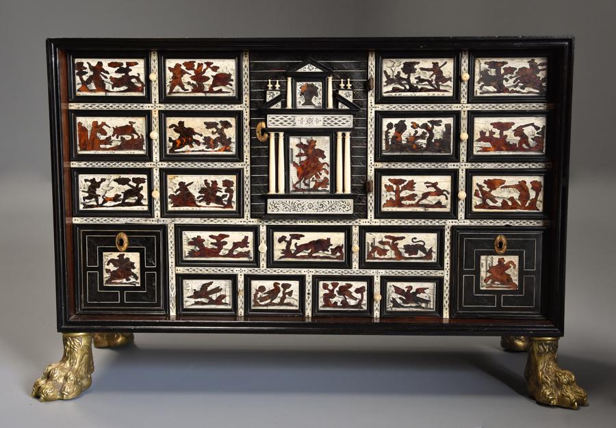Rare 17thc Italian ebony, ivory & tortoiseshell inlaid table cabinet