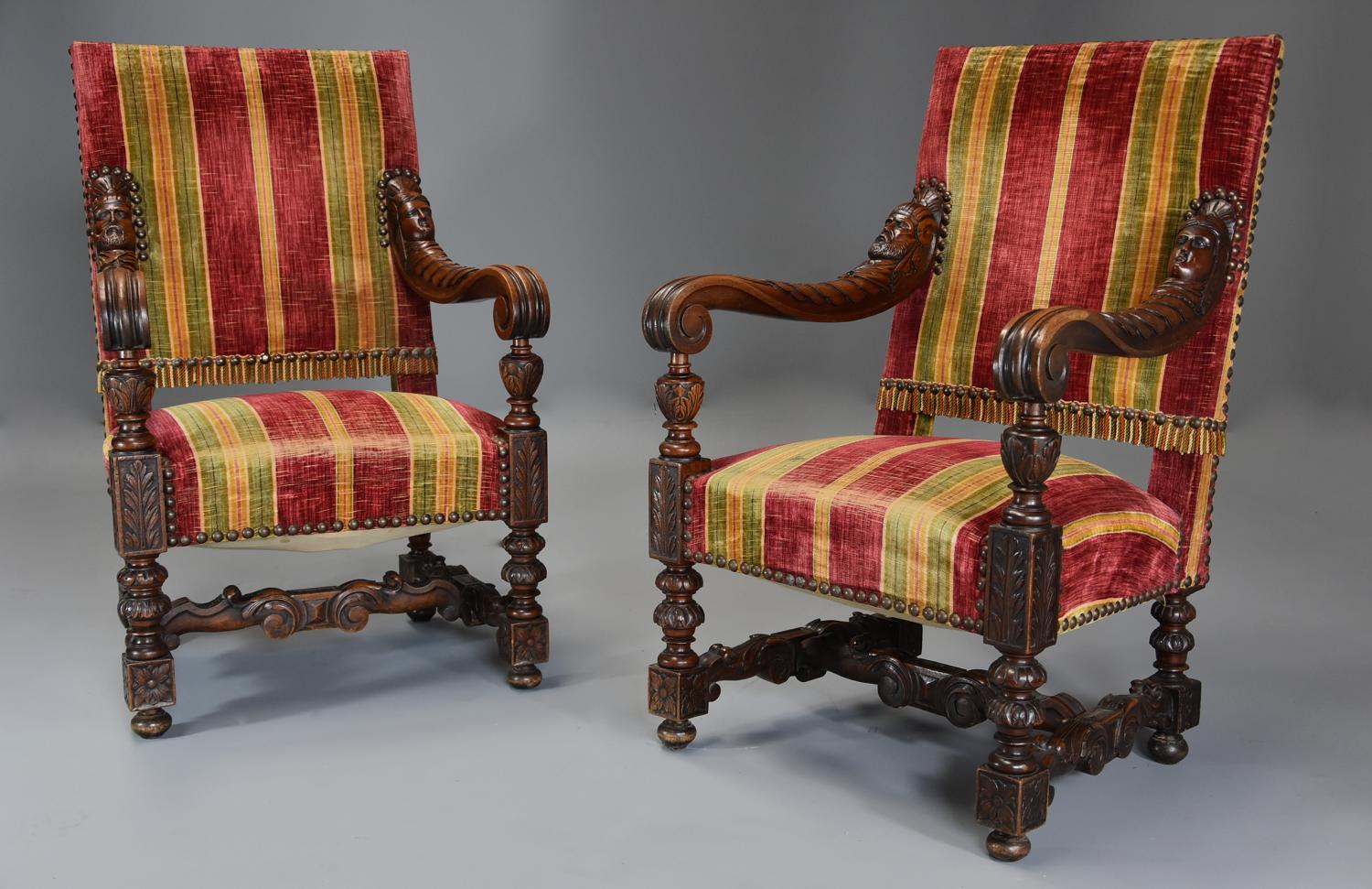 Fine pair of 19thc French walnut open armchairs in the Baroque style