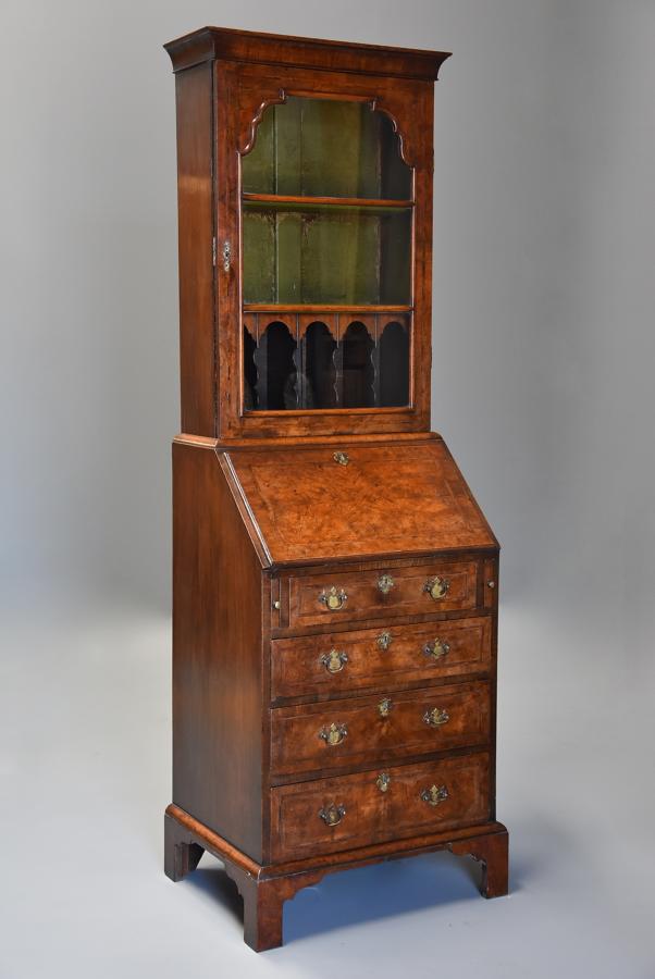 Queen Anne style walnut bureau bookcase of small proportions
