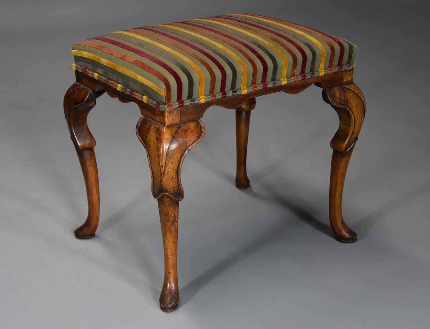 Early 20th century walnut cabriole leg stool in the Queen Anne style