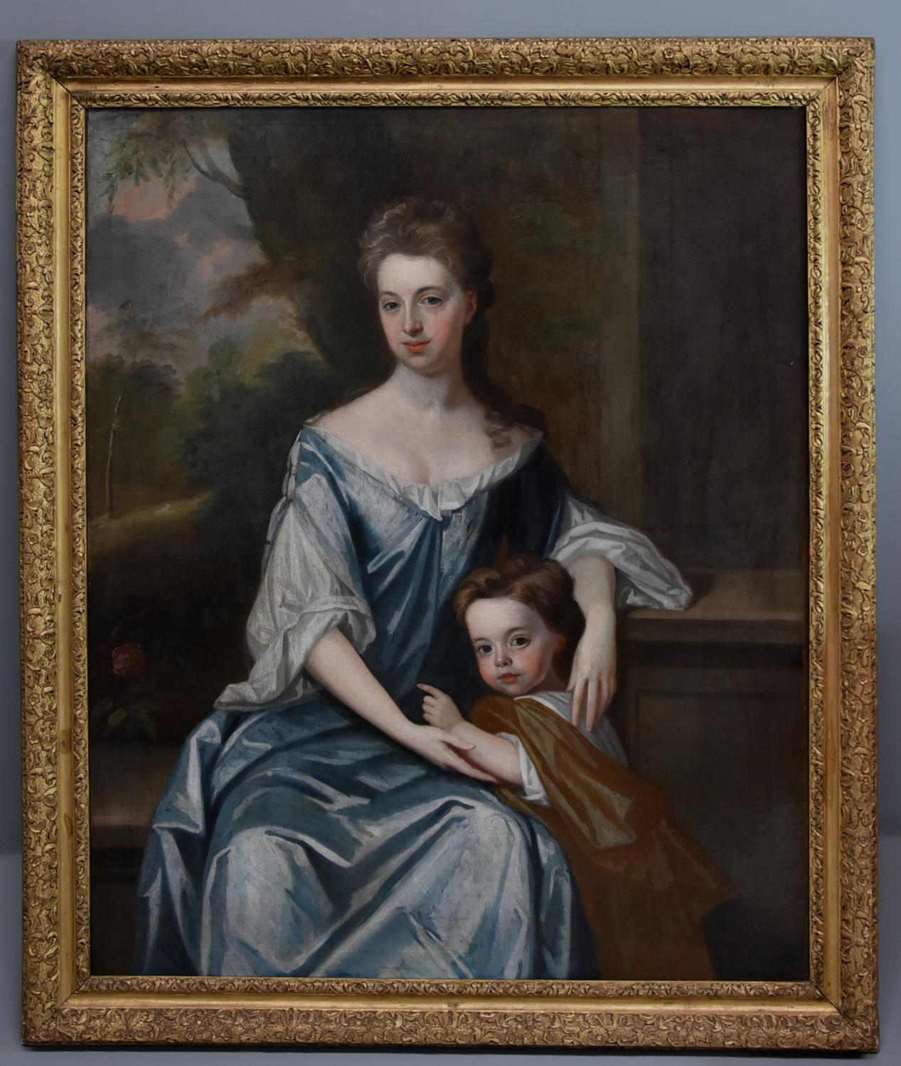 Large 18thc oil painting 'Lady & Child', attributed to Michael Dahl