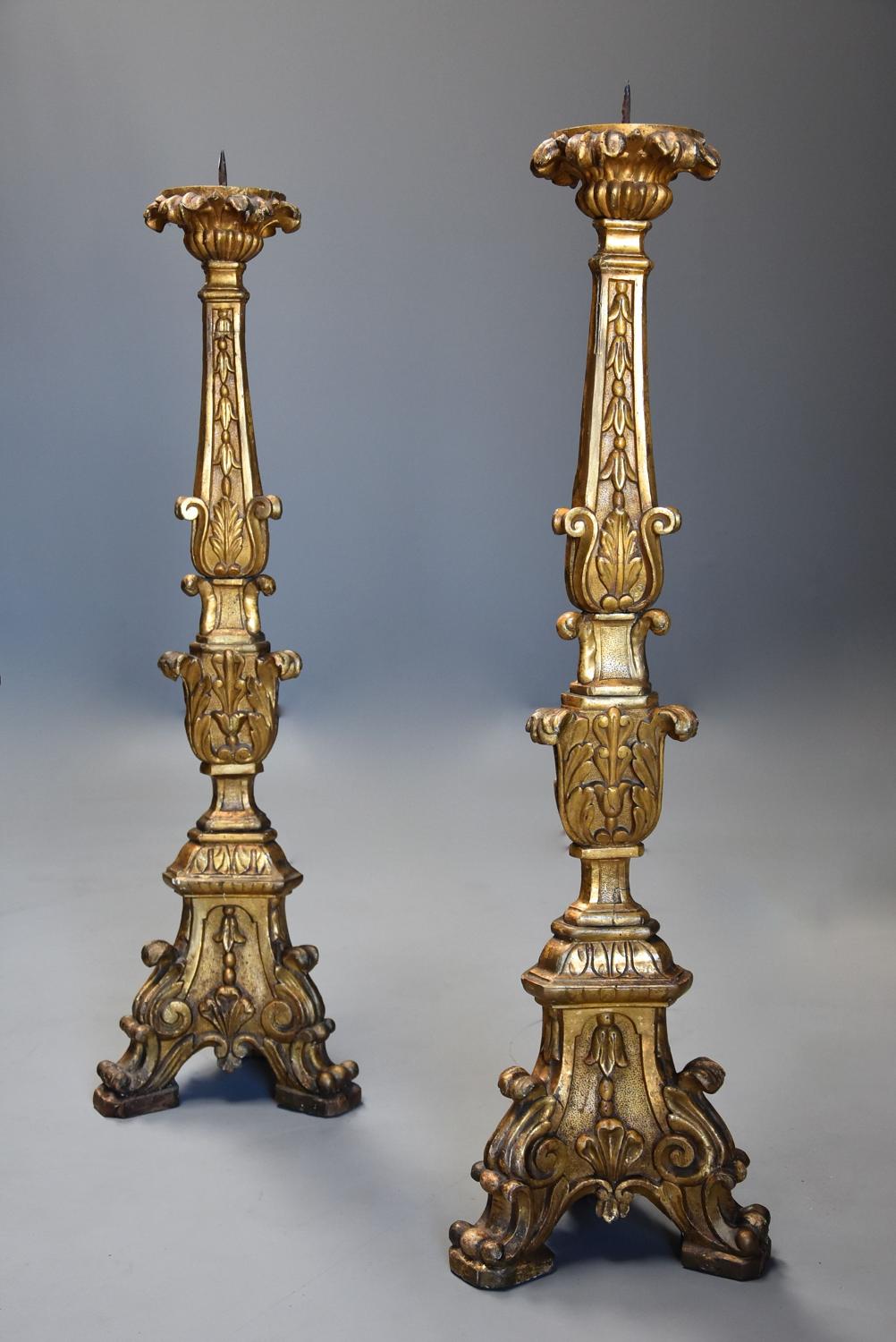 Pair of large 18thc Italian carved gilt & silver gilt pricket sticks
