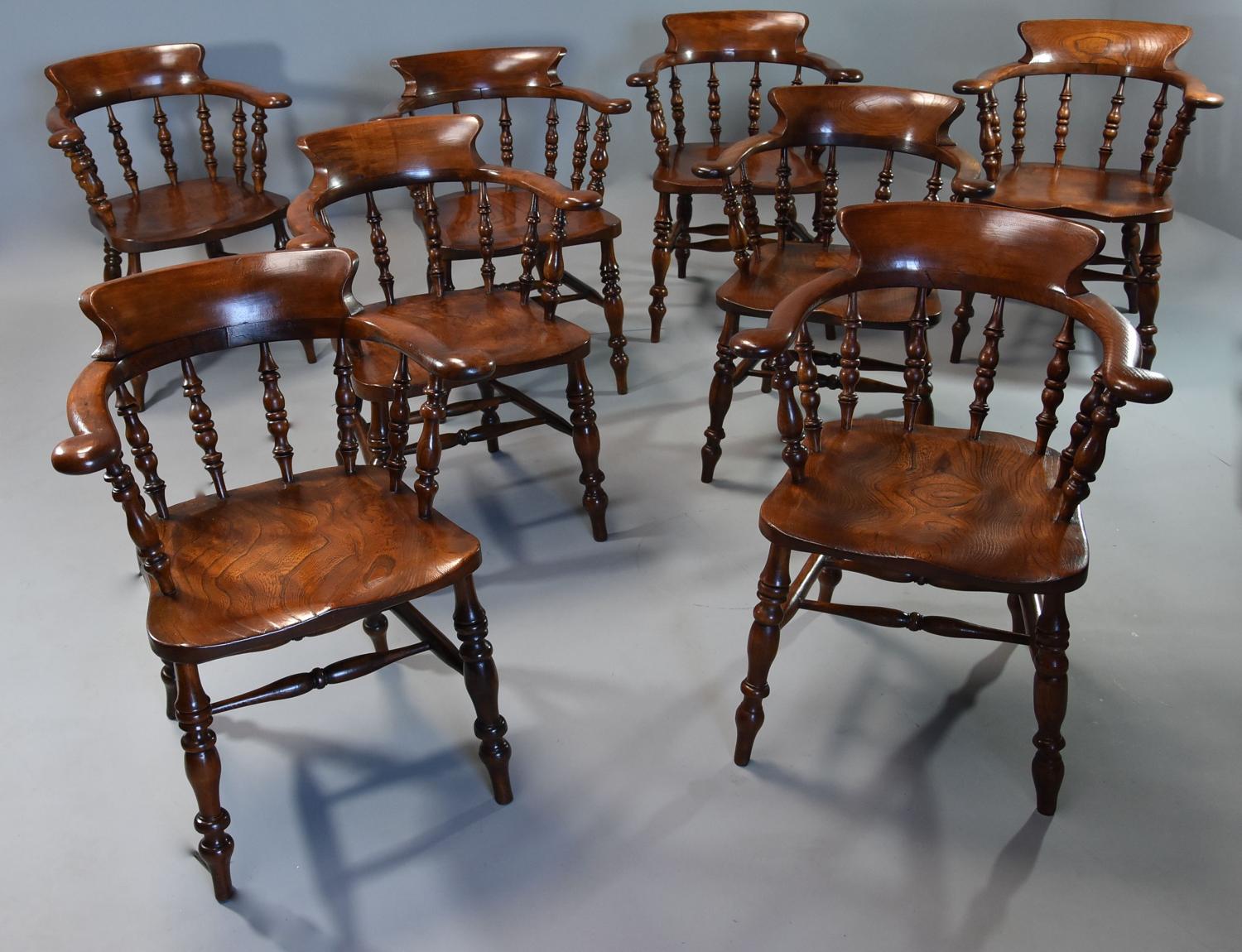 Large set of eight mid 19th century Smokers bow Windsor chairs