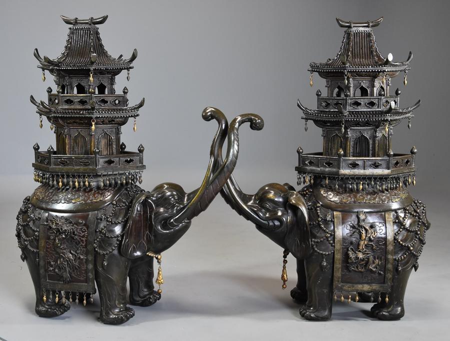 Large pair of superb 19thc bronze Japanese elephant incense burners