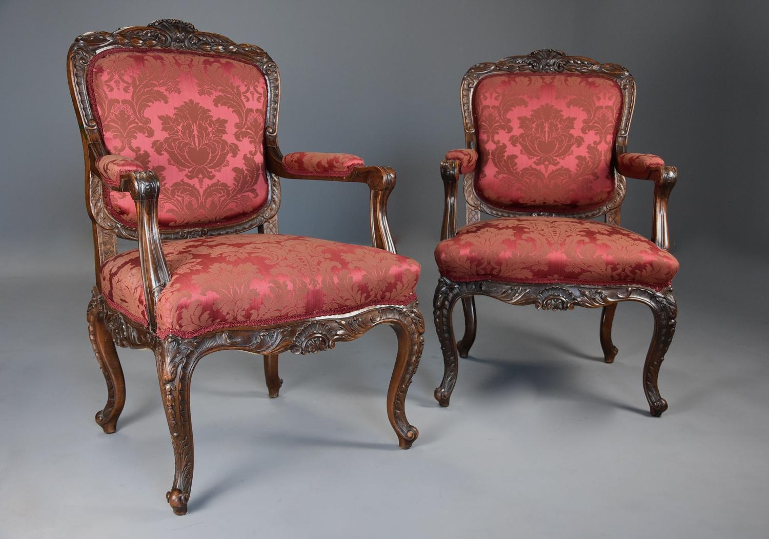 Pair of fine quality French 19thc walnut fauteuils or open armchairs