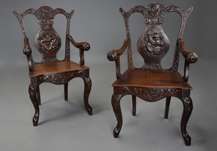 Pair of 19thc walnut armchairs of Chinese influence in the 18thc style
