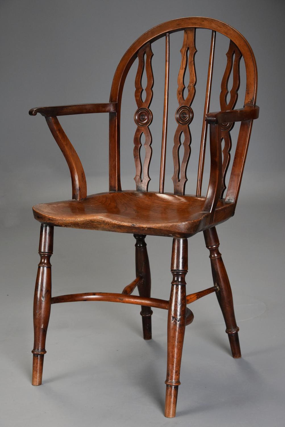 Superb 19th century yew wood Prior low hoop back Windsor armchair