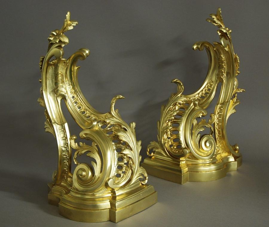 Fine quality pair of French Rococo style ormolu chenets (or fire dogs)