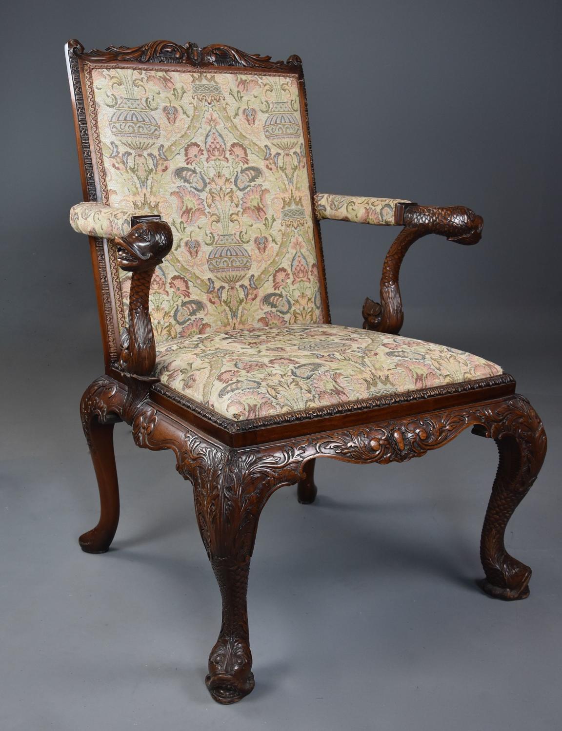 Superb George II style mahogany Gainsborough open armchair