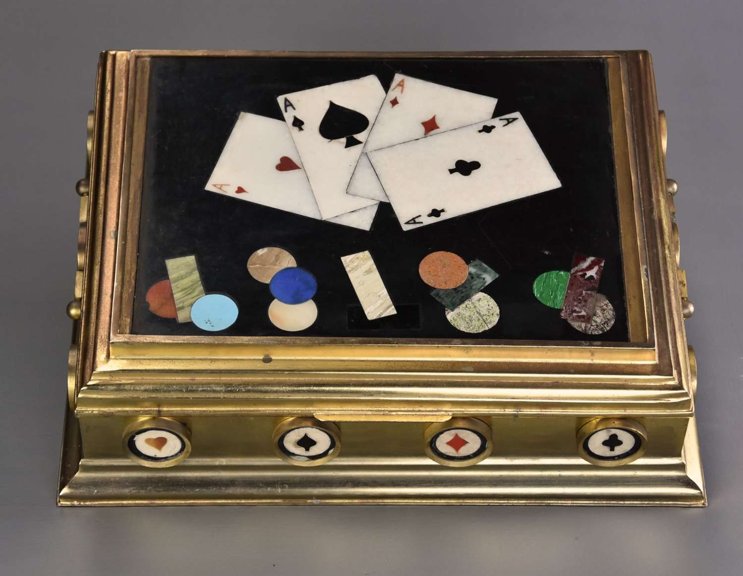 Highly decorative mid/late 19thc Pietre Dure and gilt brass games box
