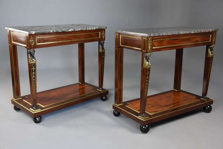 Superb quality near pair of French Empire mahogany console tables